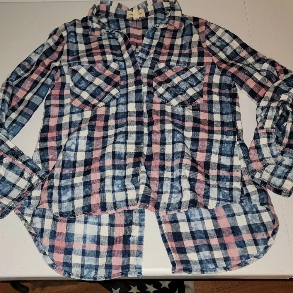 Cloth & Stone Womens Pink Blue Distressed‎ Look Soft Plaid Shirt Small